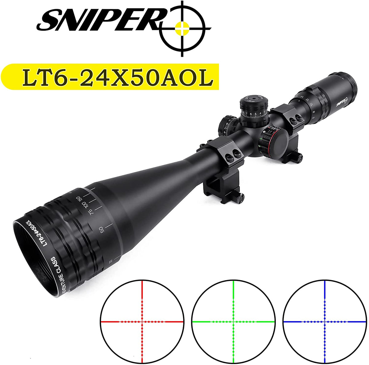 Sniper 6-24x50mm Scope W Front AO Adjustment. Red/Blue/Green mil