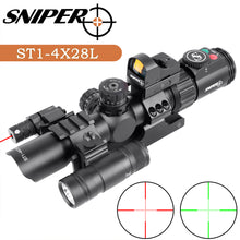 Load image into Gallery viewer, Sniper ST 1-4X28 AR Tactical Rifle Scope Combo Red/Green Illuminated Reticle, Flash Light, RED Dot sight and Reflex Dot Sight