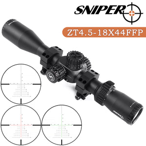 Sniper ZT 4.5-18x44 FFP Scope Side Parallax Adjustment Glass Etched Reticle Red Green Illuminated with Scope Mount