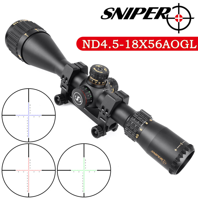 Sniper ND 4.5-18x56 AOGL Scope 30mm Tube with Red, Green Illuminated Glass Etched Reticle