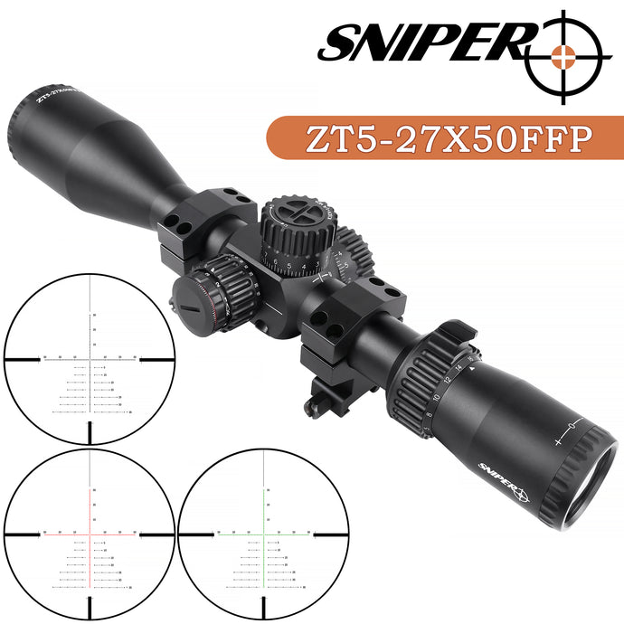 Sniper ZT 5-27x50 FFP Scope Side Parallax Adjustment Glass Etched Reticle Red Green Illuminated with Scope Mount