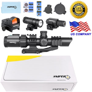 Sniper ST 1-4X28 AR Tactical Rifle Scope Combo Red/Green Illuminated Reticle, Flash Light, RED Dot sight and Reflex Dot Sight