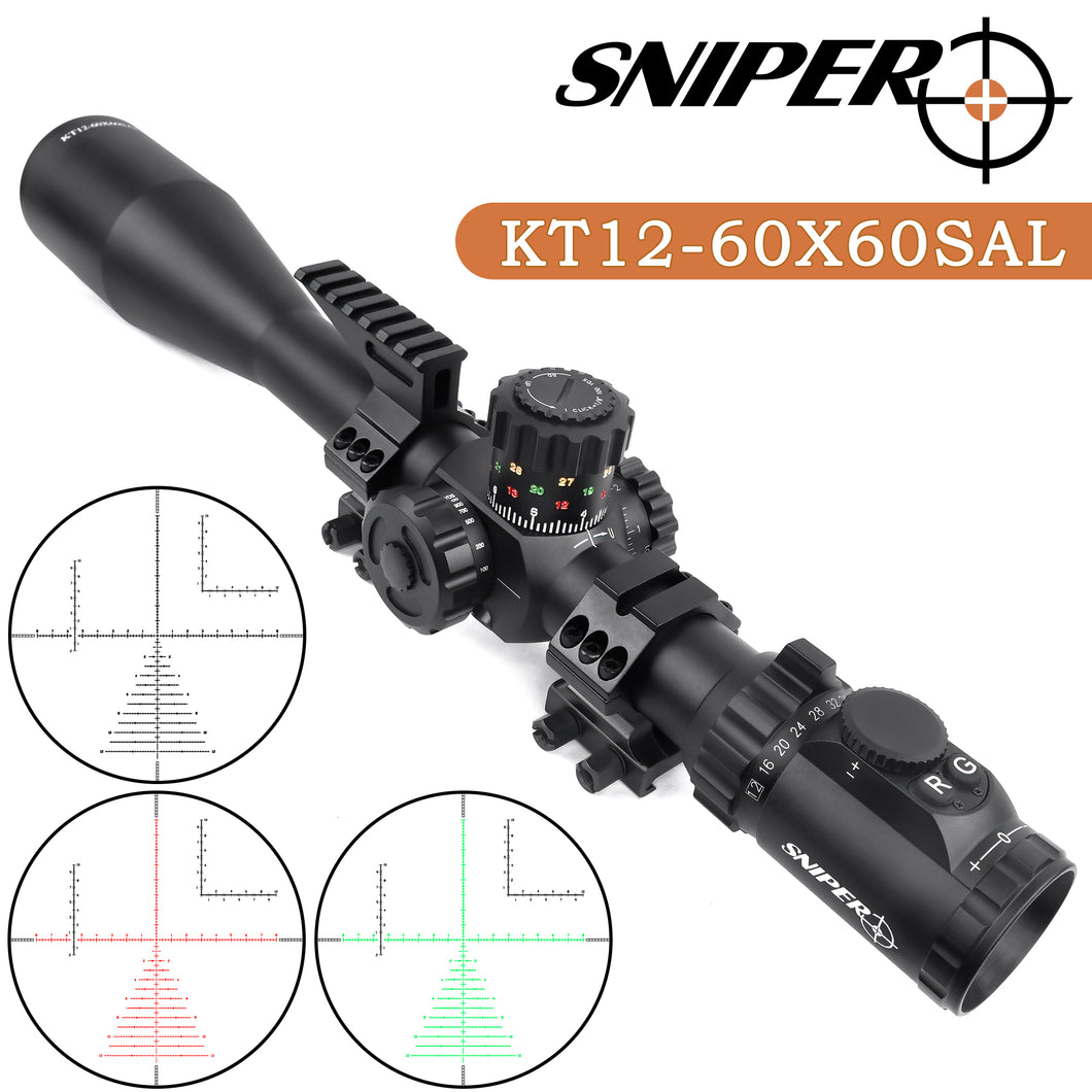 Sniper KT 12-60X60 SAL Rifle Scope 35mm Tube Side Parallax Adjustment Glass Etched Reticle Red Green Illuminated with Scope Rings