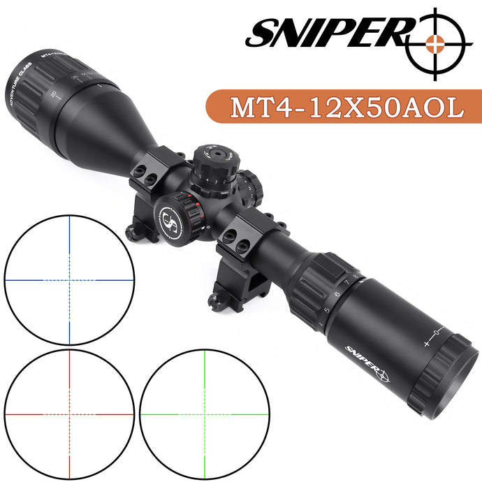 Sniper MT4-12X50AOL Scope with Red, Green and Blue Illuminated Reticle