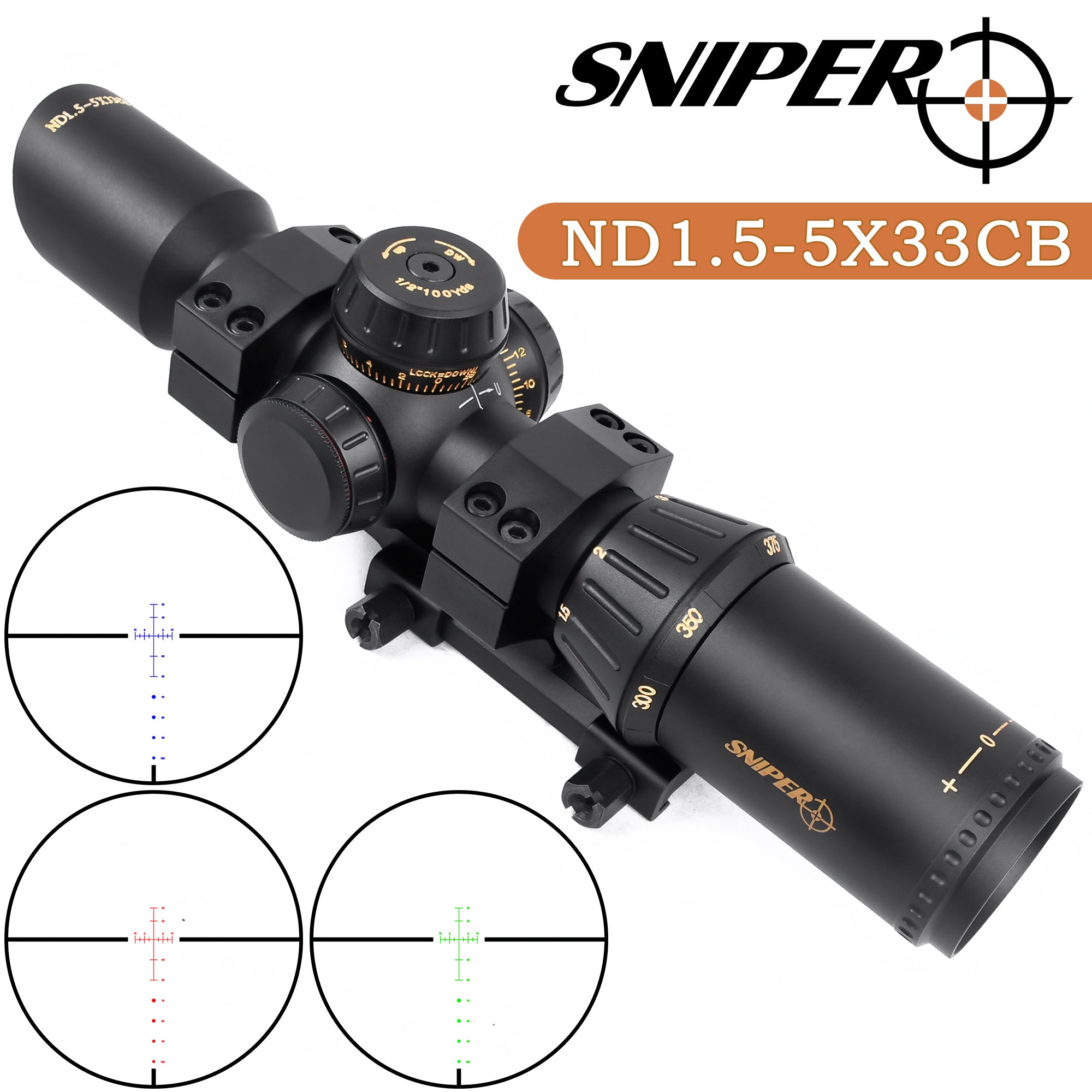 ND1.5-5X33CB Crossbow Scope 300~450 FPS, 20-100 Yards, R/G/B