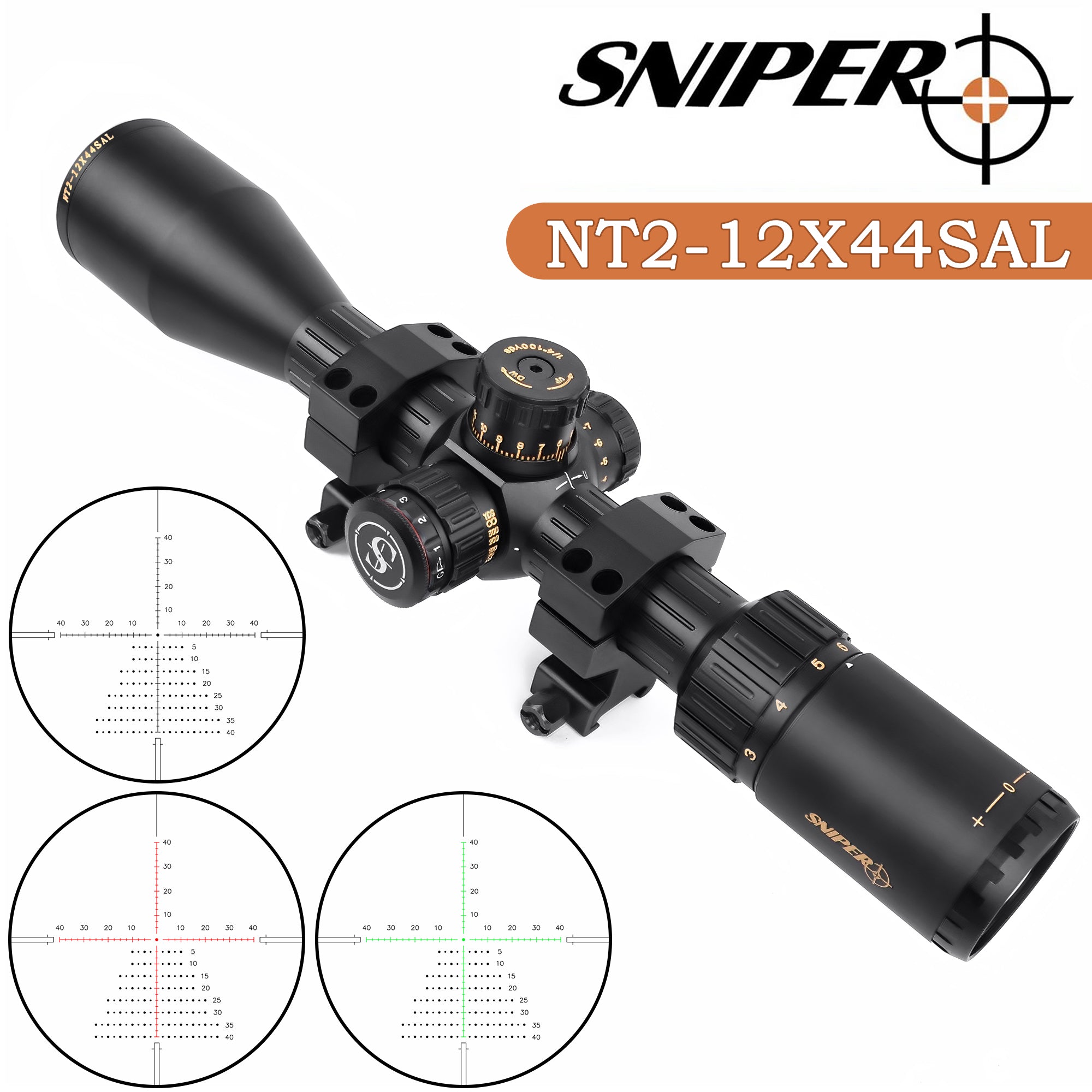 Sniper NT 2-12X44 Tactical Rifle Scope Red/Green Illuminated