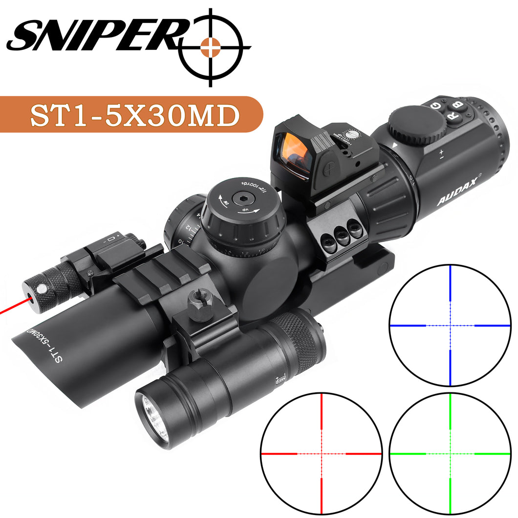 Sniper ST 1-4X28 AR Tactical Rifle Scope Combo Red/Green Illuminated Reticle, Flash Light, RED Dot sight and Reflex Dot Sight