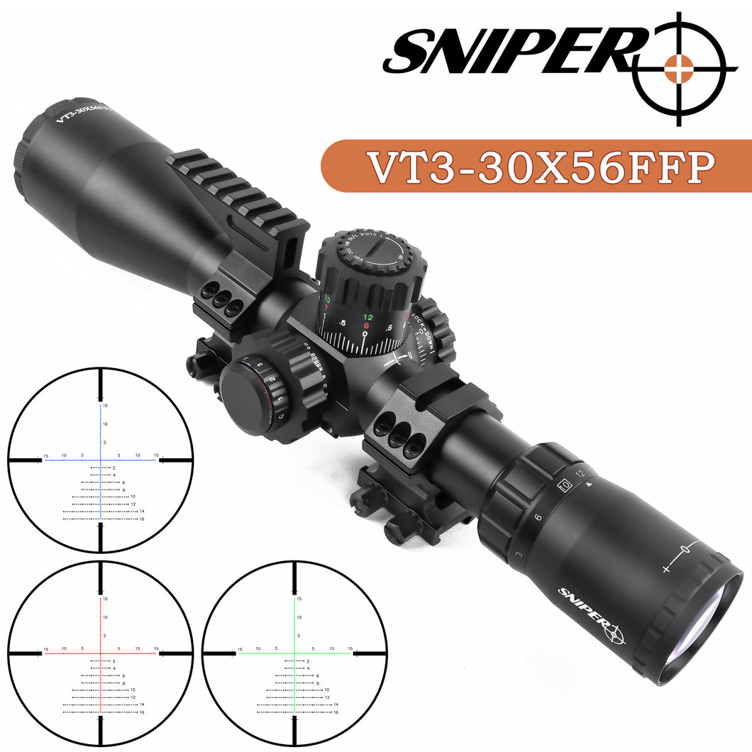 Sniper VT 3-30x56 FFP First Focal Plane (FFP) Scope with Red/Green/Blue Illuminated MIL Reticle