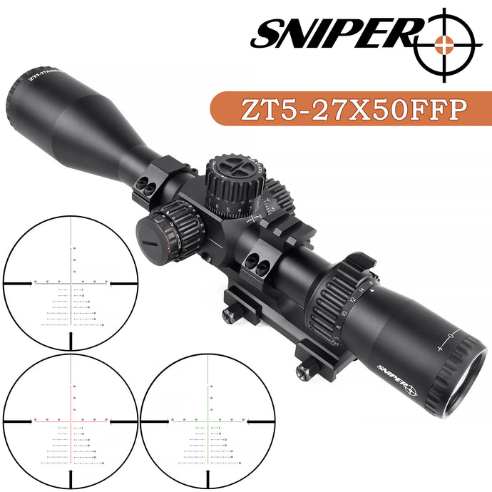 Sniper ZT 5-27x50 FFP Scope Side Parallax Adjustment Glass Etched Reticle Red Green Illuminated with Scope Mount