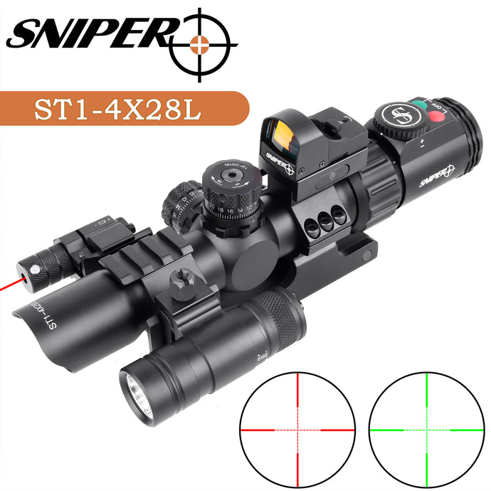 Sniper ST 1-4X28 AR Tactical Rifle Scope Combo Red/Green Illuminated Reticle, Flash Light, RED Dot sight and Reflex Dot Sight