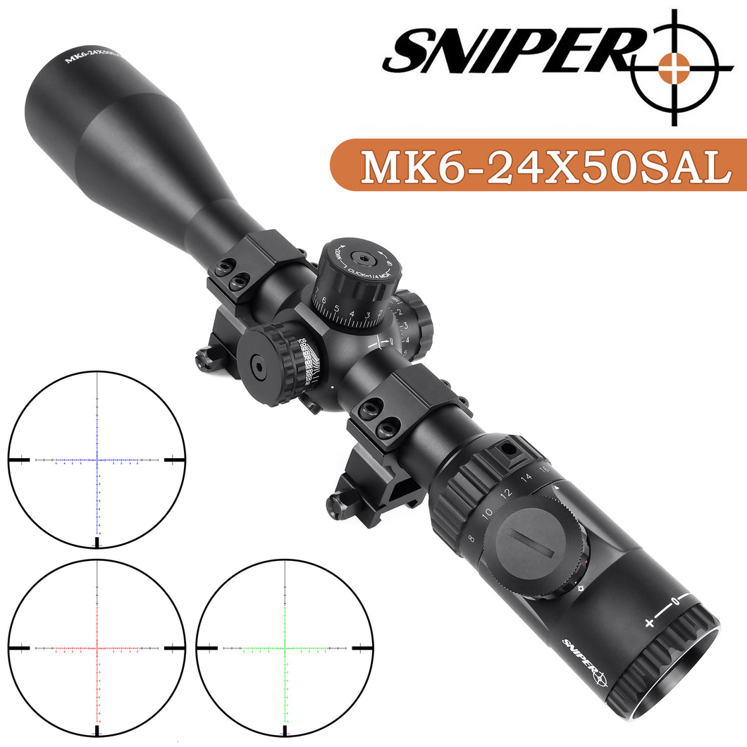SNIPER MK 6-24X50 SAL Hunting Rifle Scope Red/Green/Blue Illuminated Mil Dot Reticle