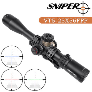 Sniper VT 5-25x56 FFP First Focal Plane 35mm tubeRifle Scope, Red Green Blue Illuminated Long Range Riflescope, Side Parallax Adjustment