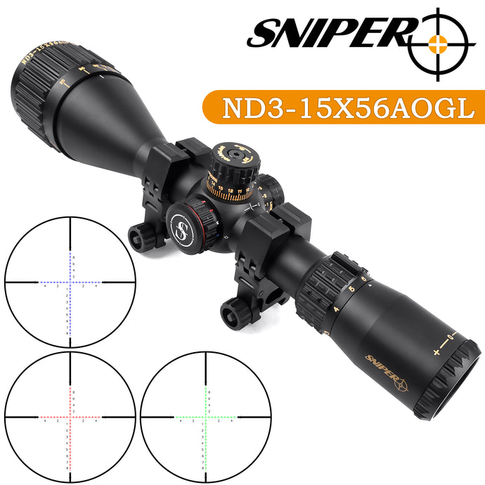Sniper NT-HD 3-15x56 AOGL Scope 30mm Tube with Red, Green Illuminated Reticle