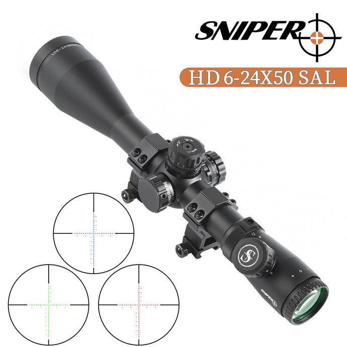 Sniper HD 6-24x50 SAL Hunting Rifle Scope 30mm Tube Side Parallax Adjustment with Red Green Illuminated Reticle