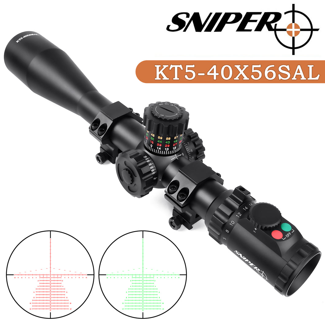 Sniper KT 5-40X56 SAL Rifle Scope 35mm Tube Side Parallax Adjustment Glass Etched Reticle Red Green Illuminated with Scope Rings