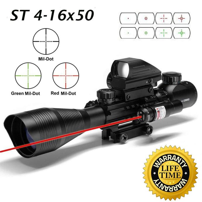 Sniper ST 4-16x50 Scope Combo includes Red Laser Sight LED Flashlight and Holographic Dot Sight
