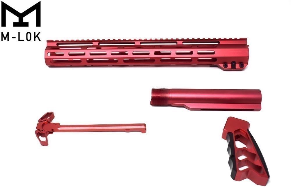 AR15 15'' Red M-LOK Handguard, Grip, Buffer Tube and Charging handle